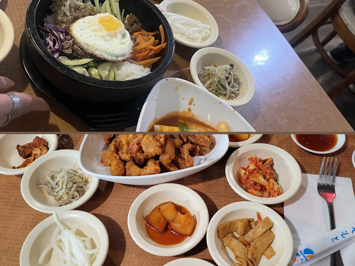 Simple dining room with Korean restaurant seating.